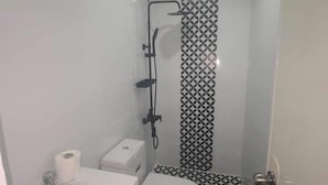 Une petite salle de bain avec des toilettes, un lavabo et une douche.
