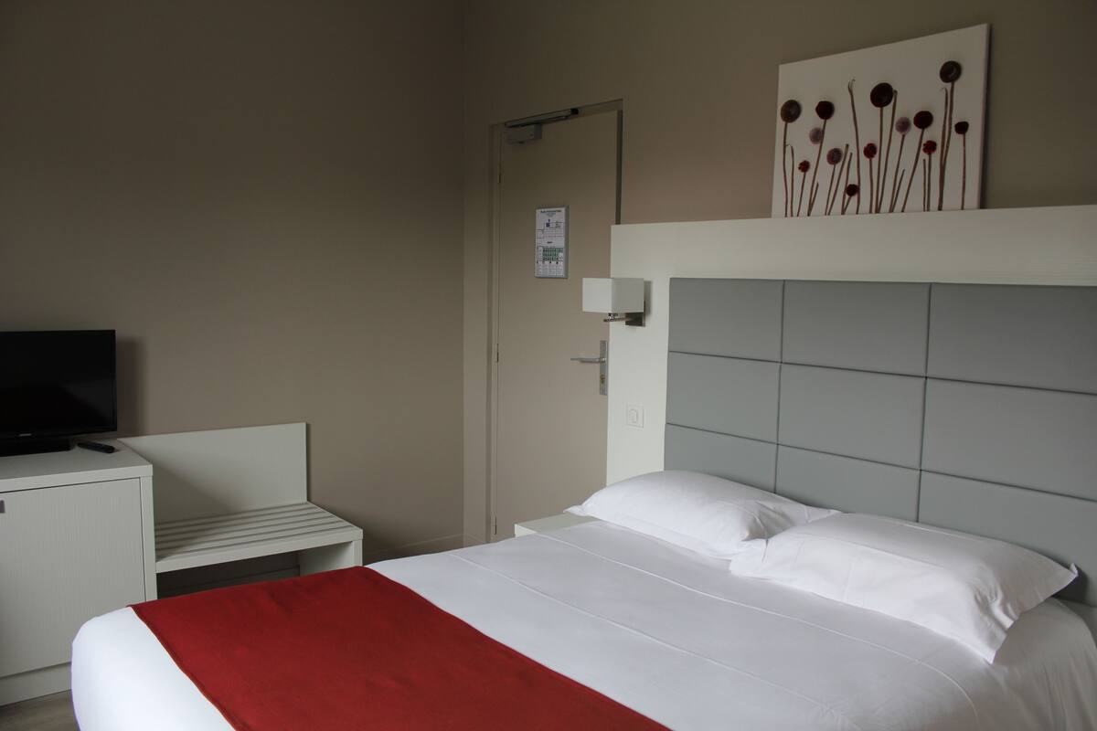 Une chambre d’hôtel avec un lit, un téléviseur posé sur une table de chevet, une porte et une œuvre d’art accrochée au mur.