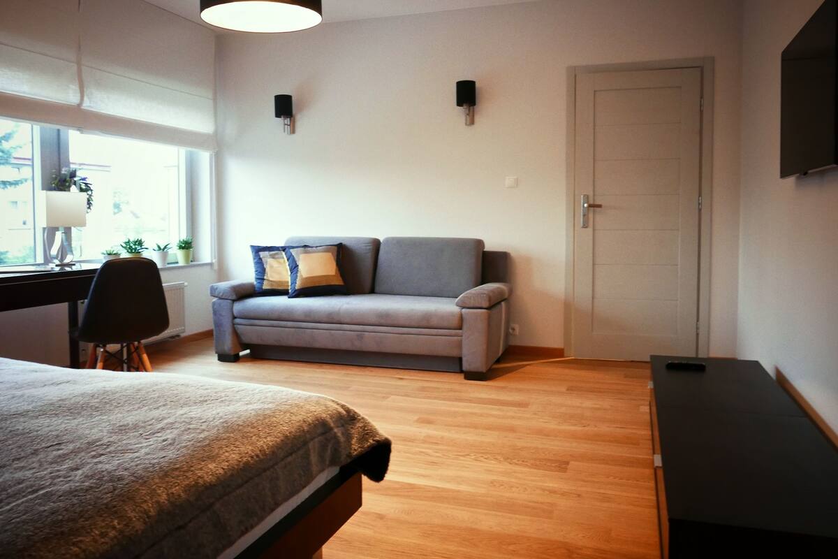 A modern bedroom with a bed, a grey sofa, a desk, and a window with plants.
