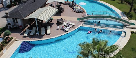 Outdoor pool, pool umbrellas, pool loungers