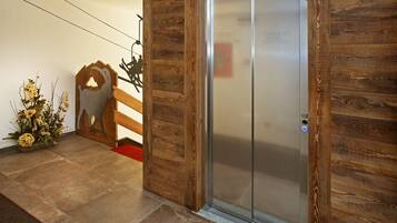 A wooden interior with a modern elevator and a decorative wall piece.