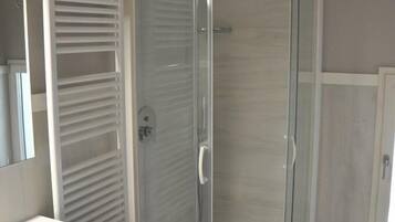 A modern bathroom with a glass shower enclosure, a white sink, and a mirror.