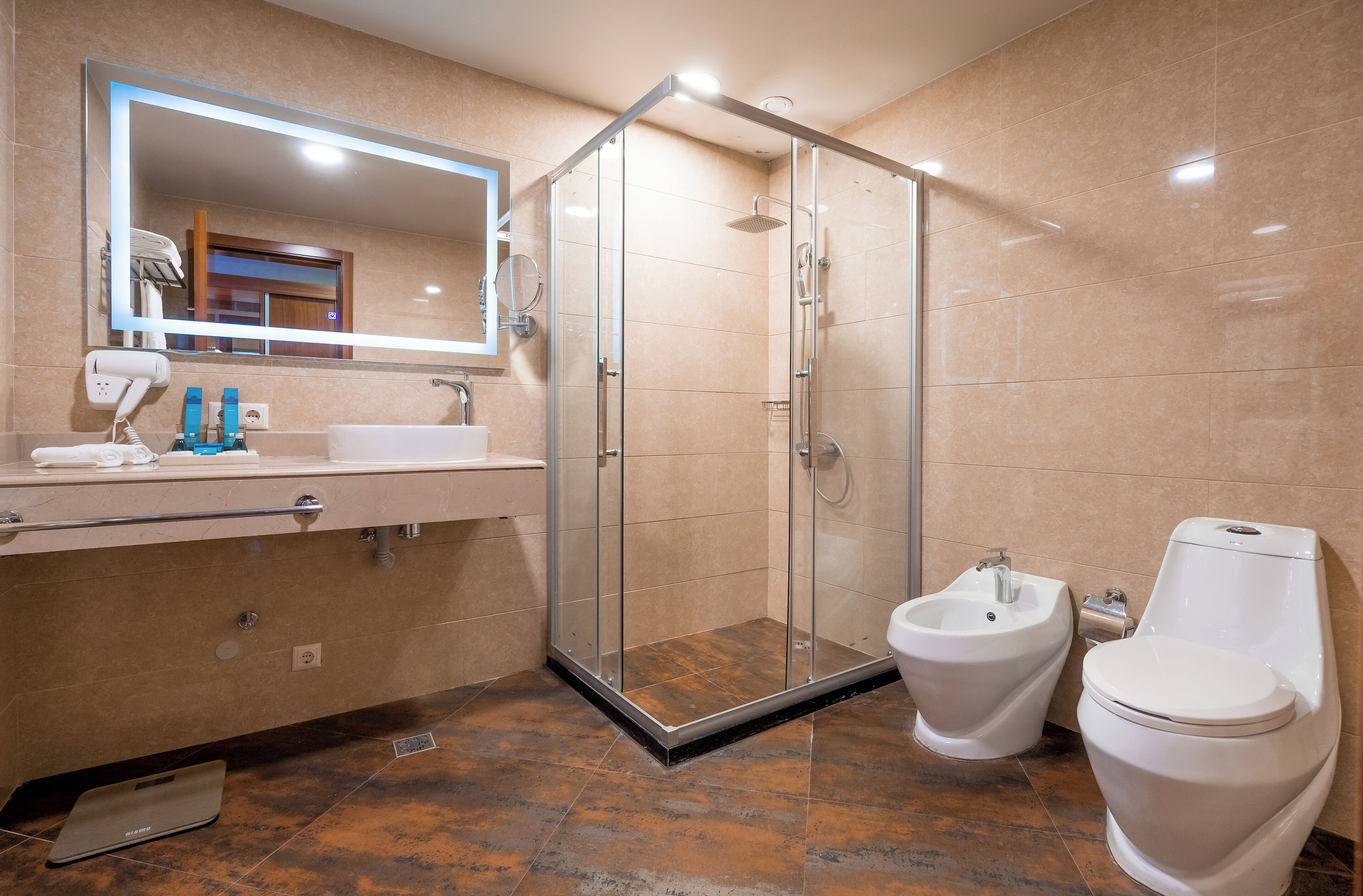 Une salle de bain moderne avec une douche à parois de verre, un lavabo avec un miroir, un bidet et des toilettes.