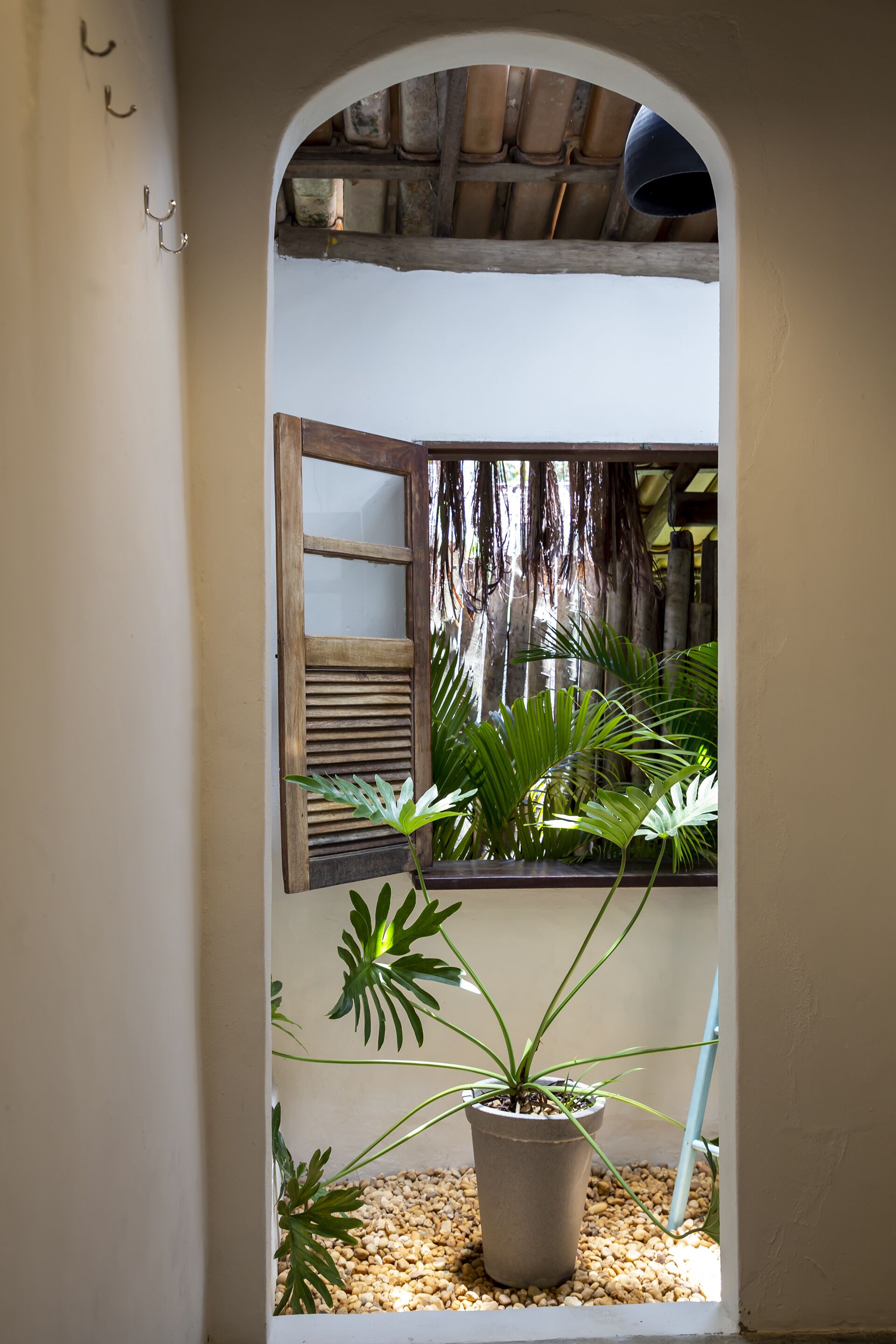 Un portail en arc mène à une pièce dotée d’une porte en bois, d’une plante en pot et d’une fenêtre offrant une vue sur un plafond en bois et des lianes pendantes.