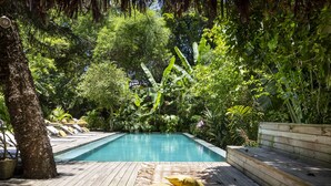 Una terraza de madera con piscina, rodeada de abundante vegetación y un banco de madera.