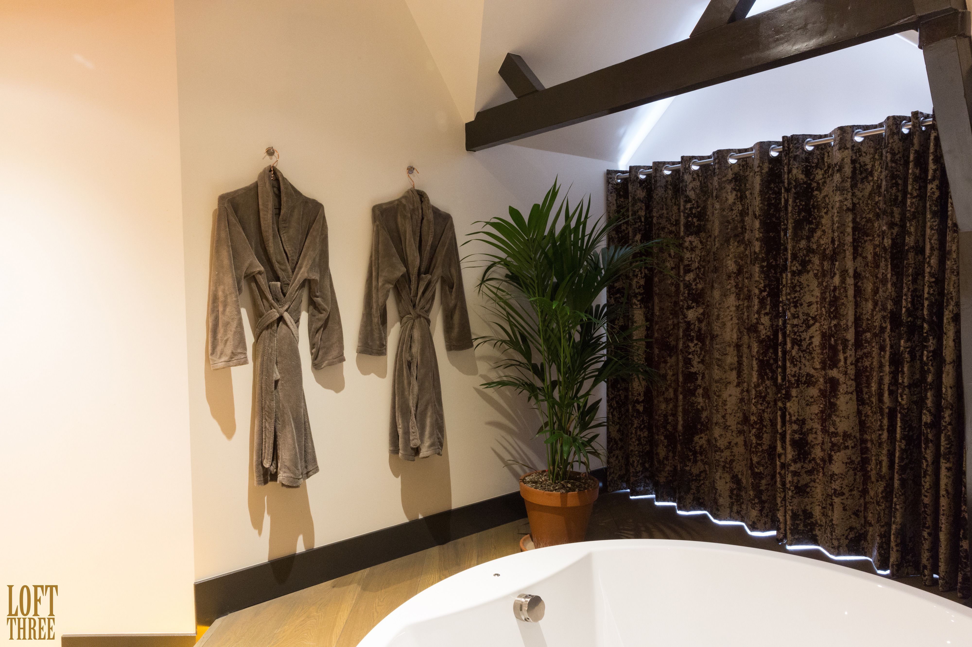 A bathroom with a bathtub, a potted plant, and two towels hanging on the wall.