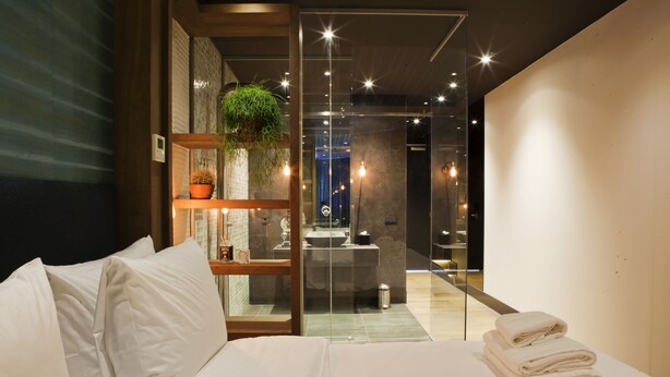 Ein modernes Hotelzimmer mit Bett, einer Glastrennwand, einem Badezimmer und einer Pflanze auf einem Regal.
