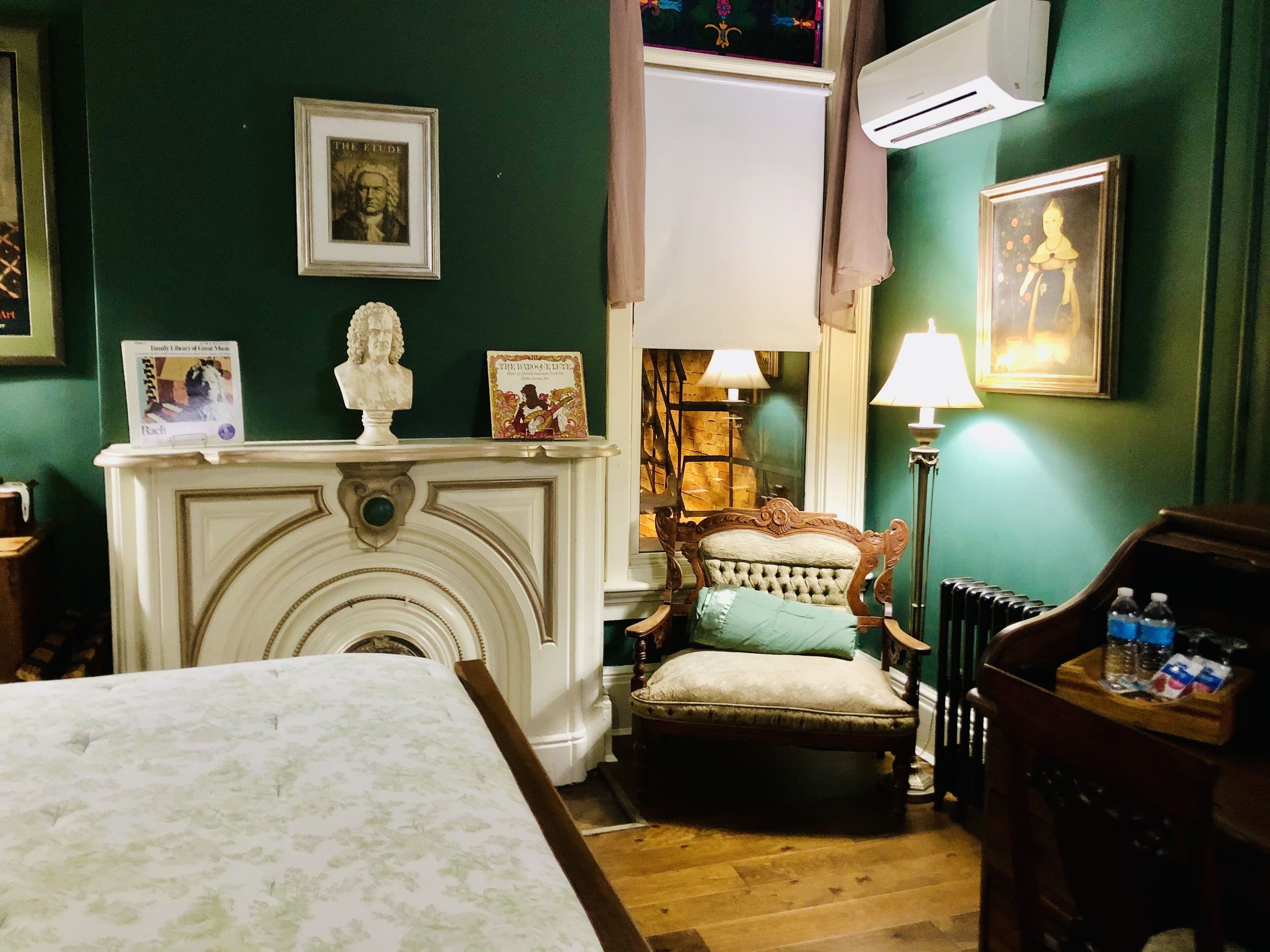 Una habitación con chimenea, una estantería, una silla y una cama.