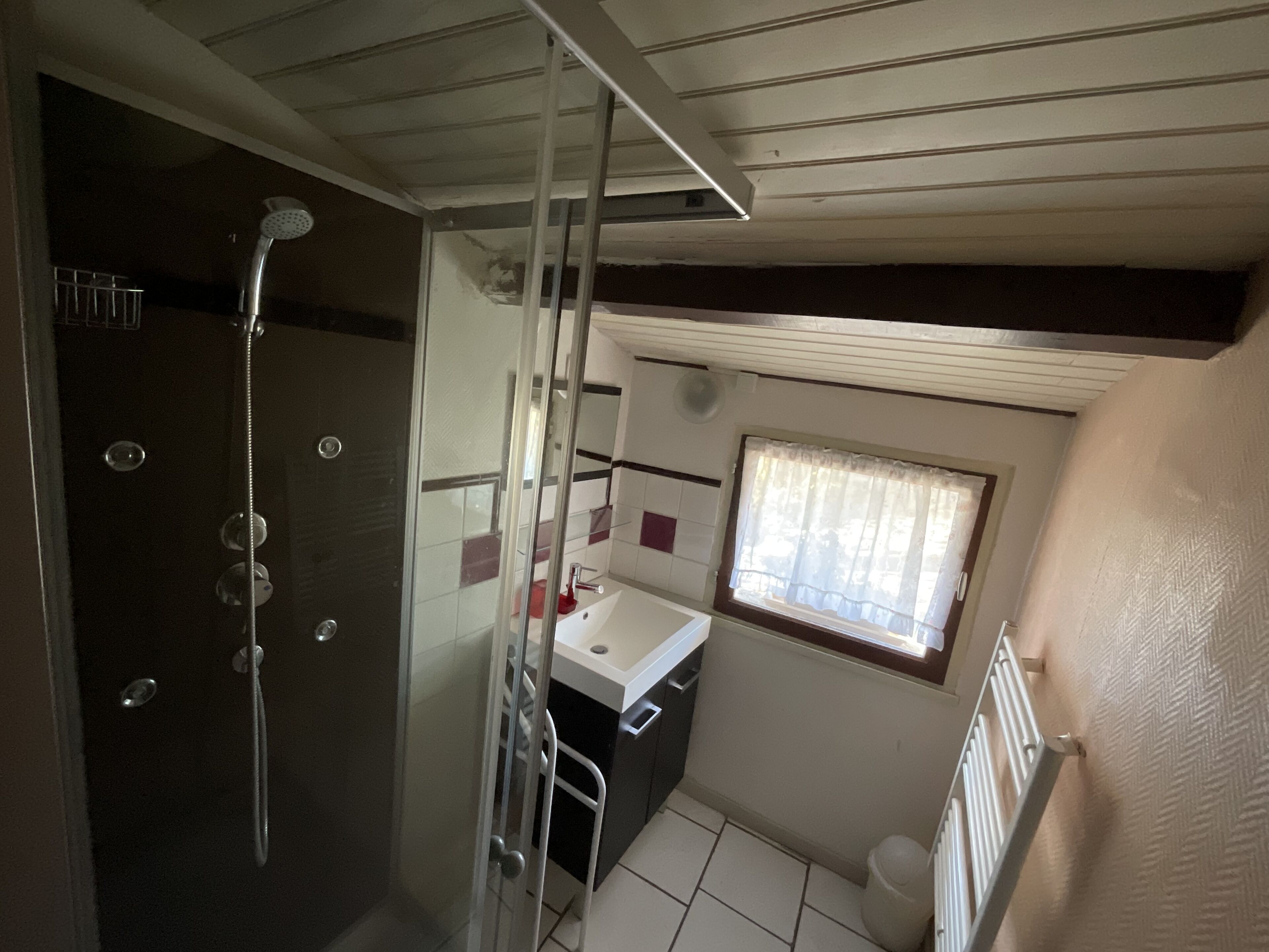 A compact bathroom with a shower, a sink, and a window.
