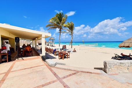 On the beach, white sand, beach bar