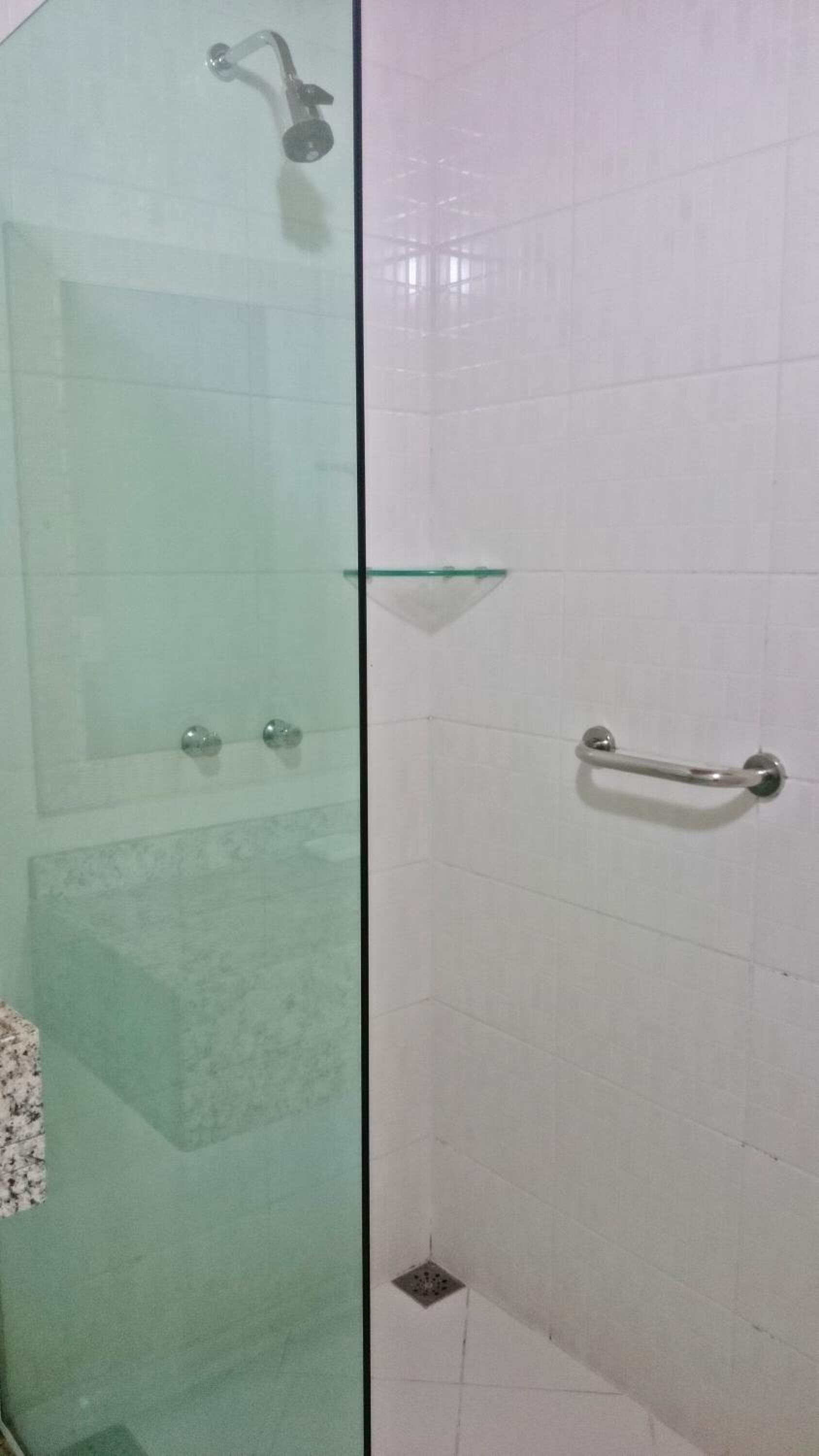 A glass-enclosed shower area with a handheld showerhead, a glass shelf, and a grab bar on the wall.
