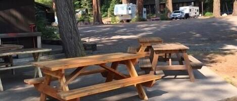 Un camping con mesas de picnic y vehículos recreativos.