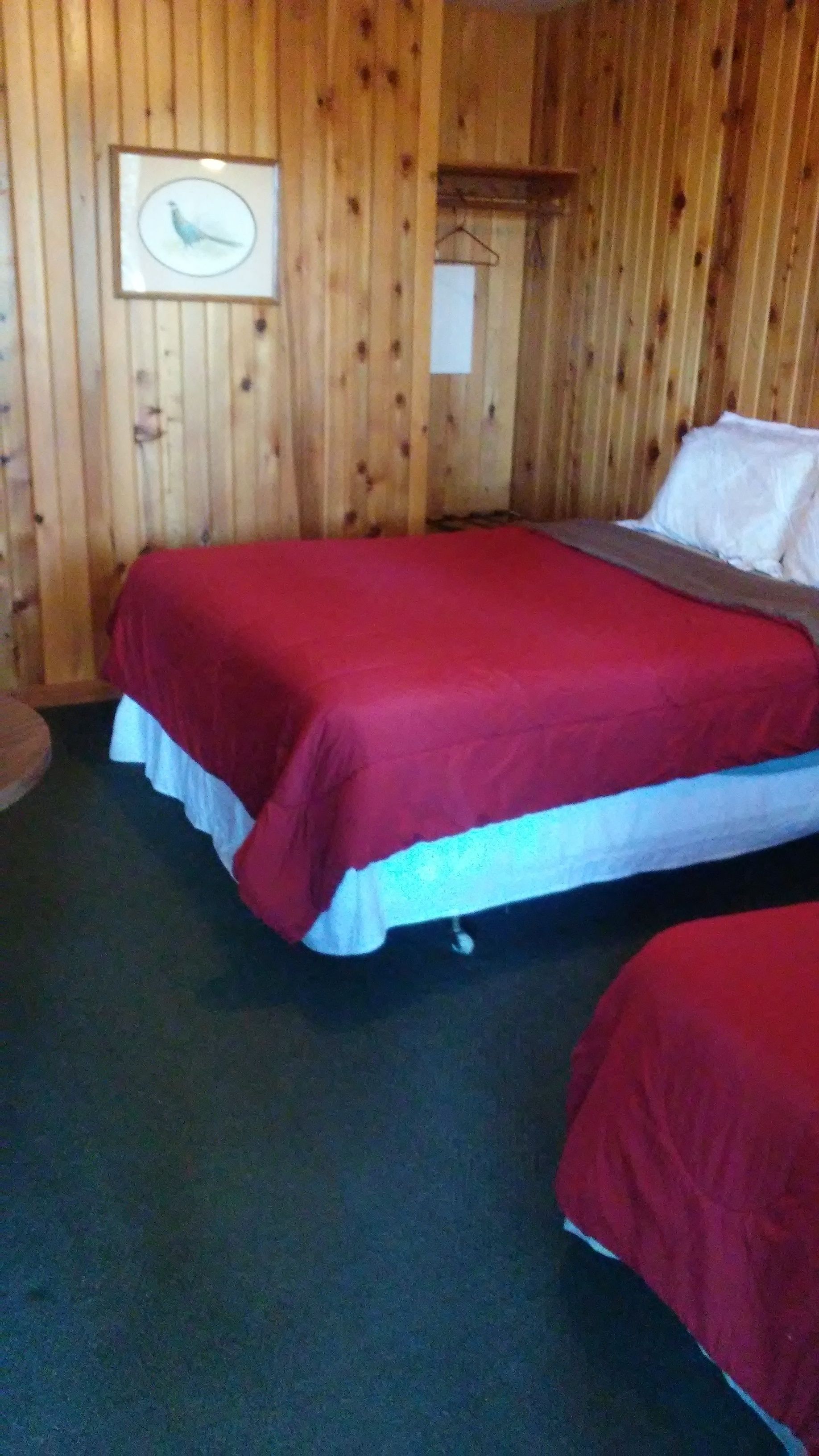 Une pièce aux murs recouverts de lambris en bois, un lit avec une literie rouge et un tableau encadré accroché au mur.