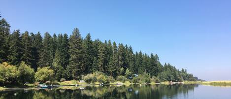 A calm lake with a forested shoreline, boats, and a clear sky.