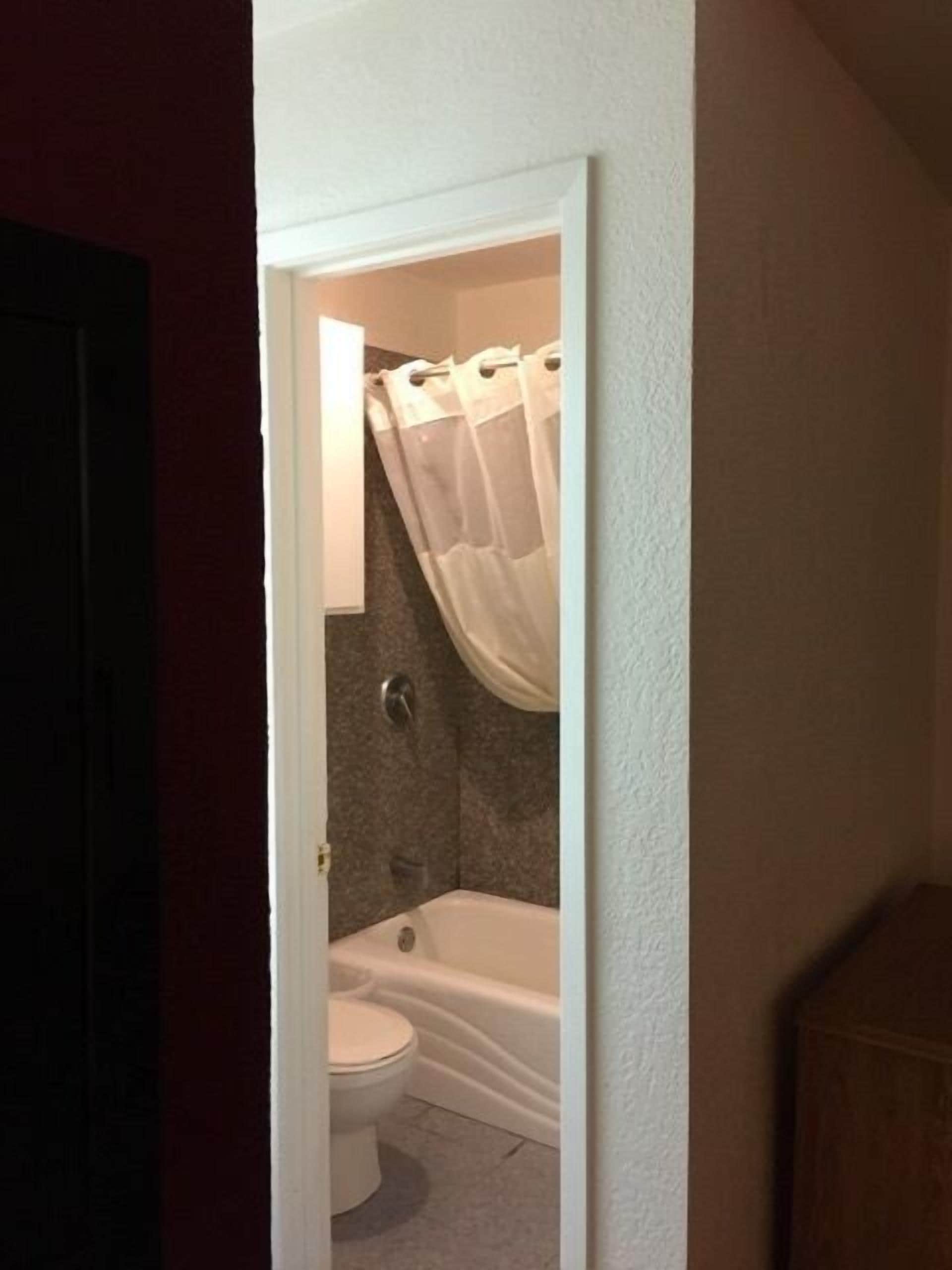 A bathroom with a bathtub, toilet, and shower curtain.