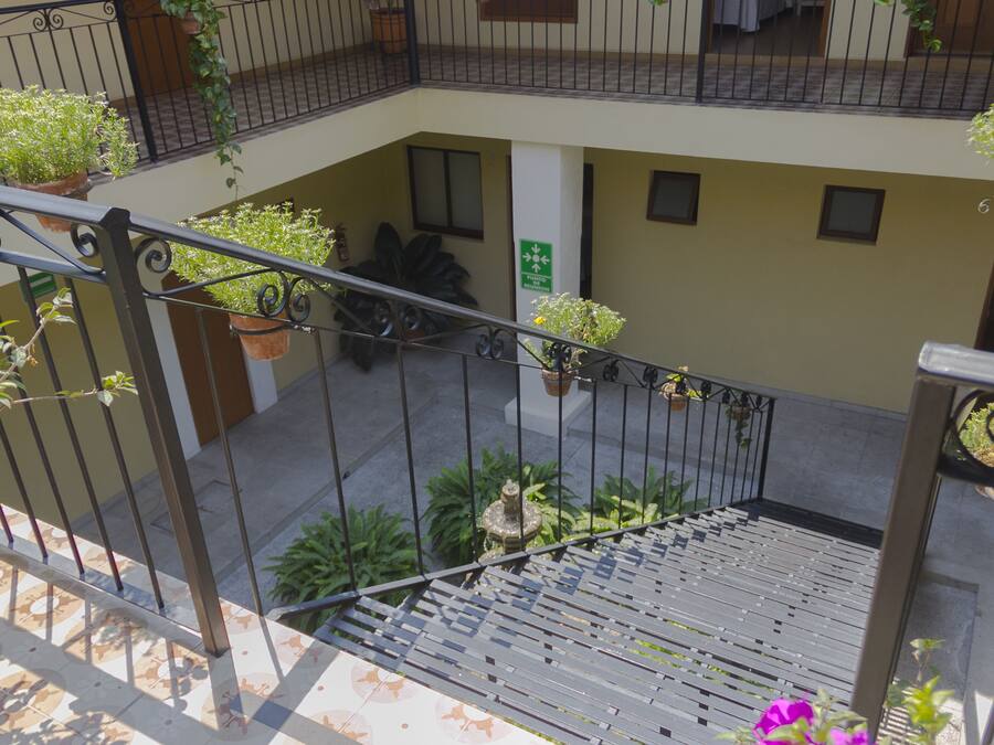 A multi-level outdoor area with a staircase, potted plants, and a metal railing.