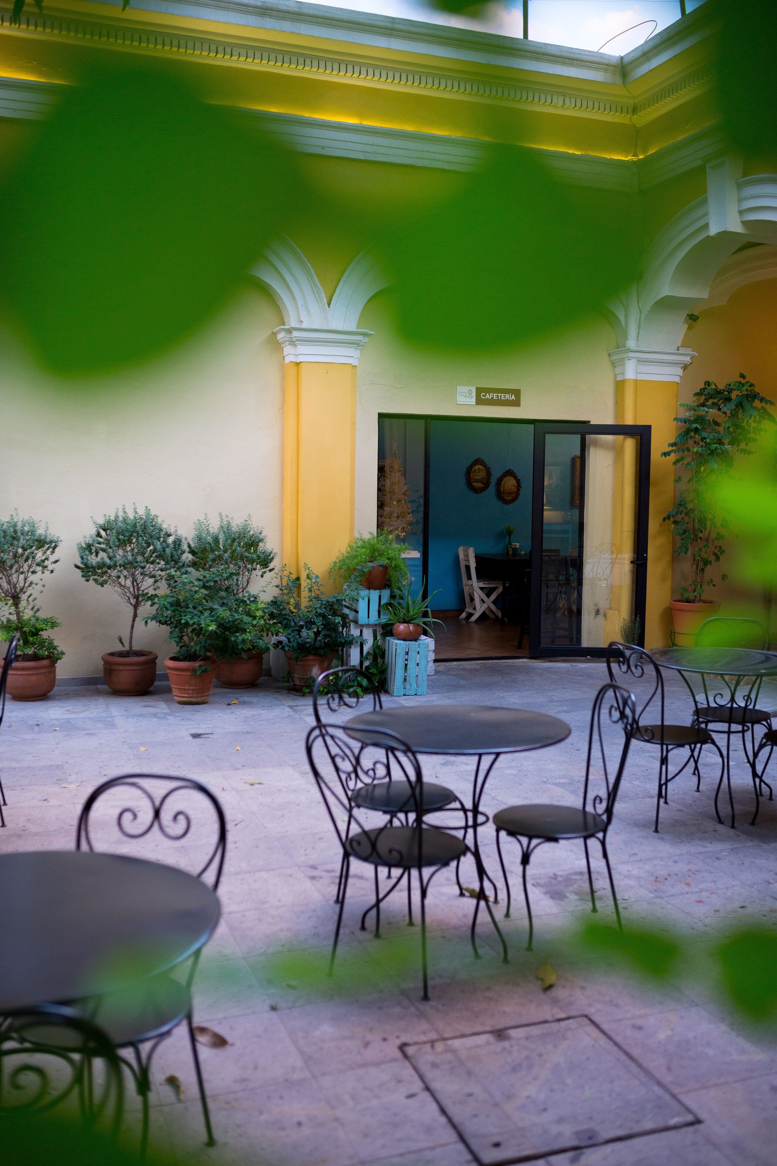 Un patio al aire libre con mesas y sillas, plantas en macetas y una puerta que da a un espacio interior.