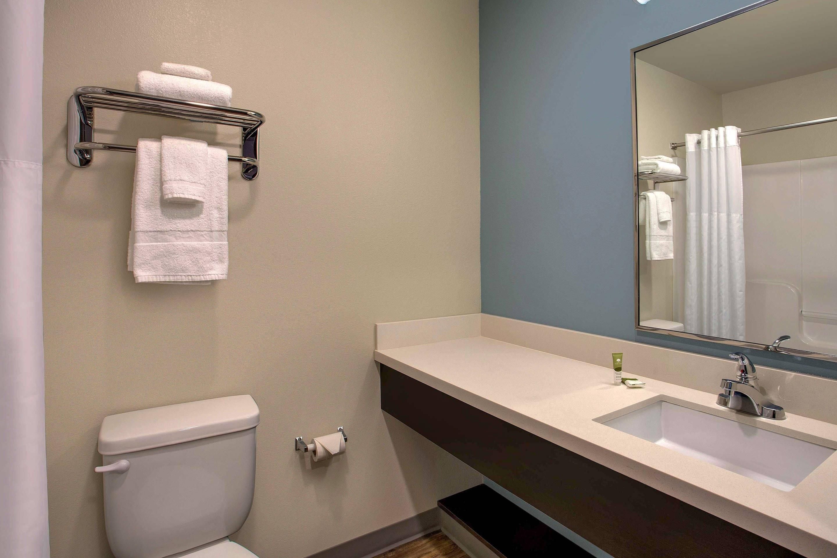 A bathroom with a toilet, a sink, a mirror, and a towel rack.