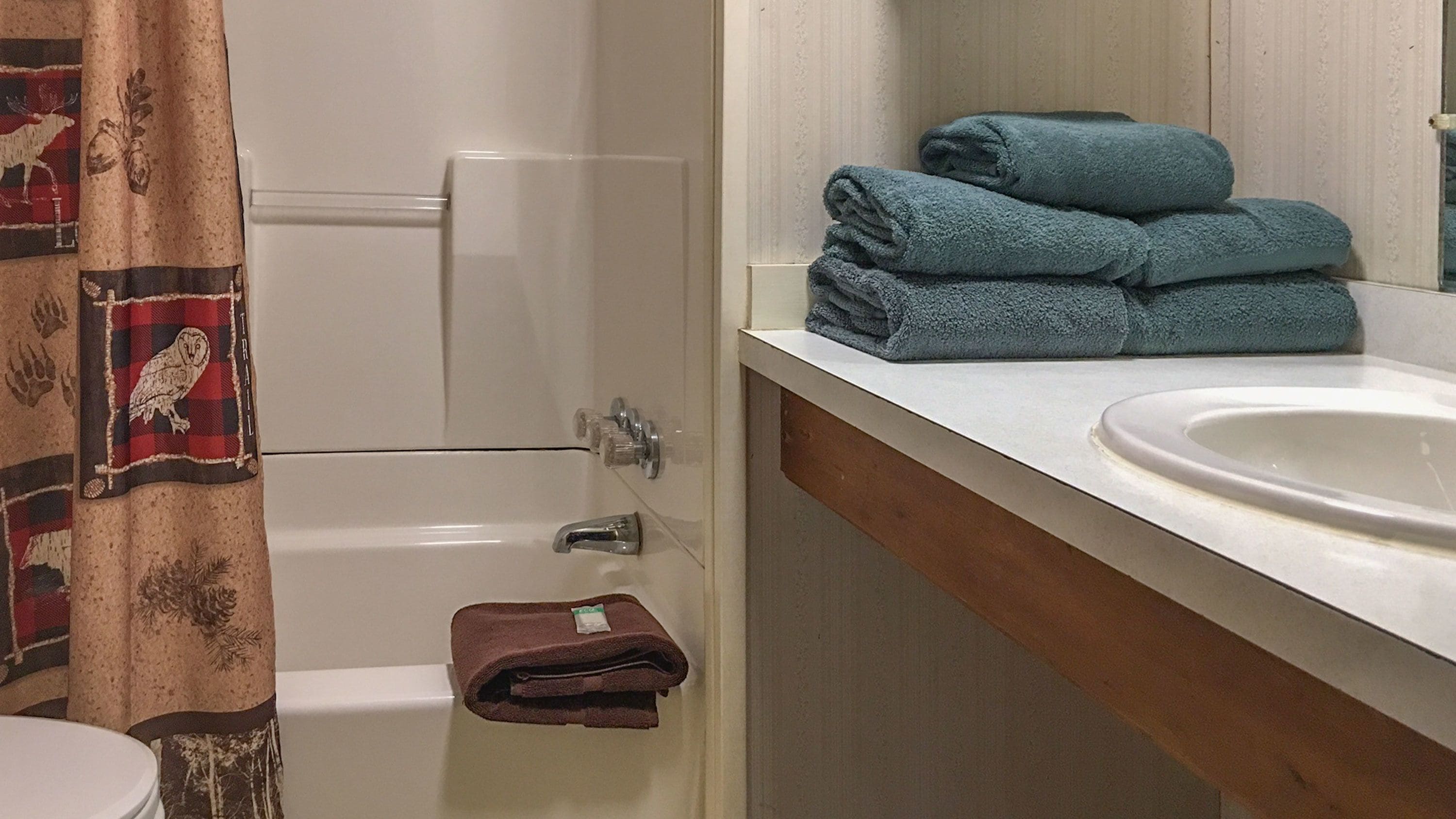 Une salle de bain avec un lavabo blanc, un miroir et un porte-serviettes sur lequel sont pliées des serviettes.