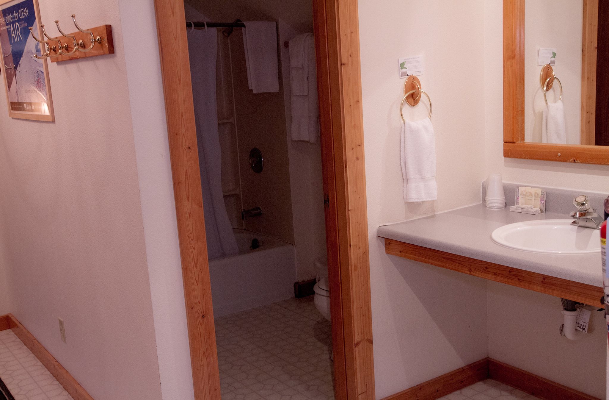 A bathroom with a wooden vanity, a sink, and a mirror. There is a shower area visible in the background.