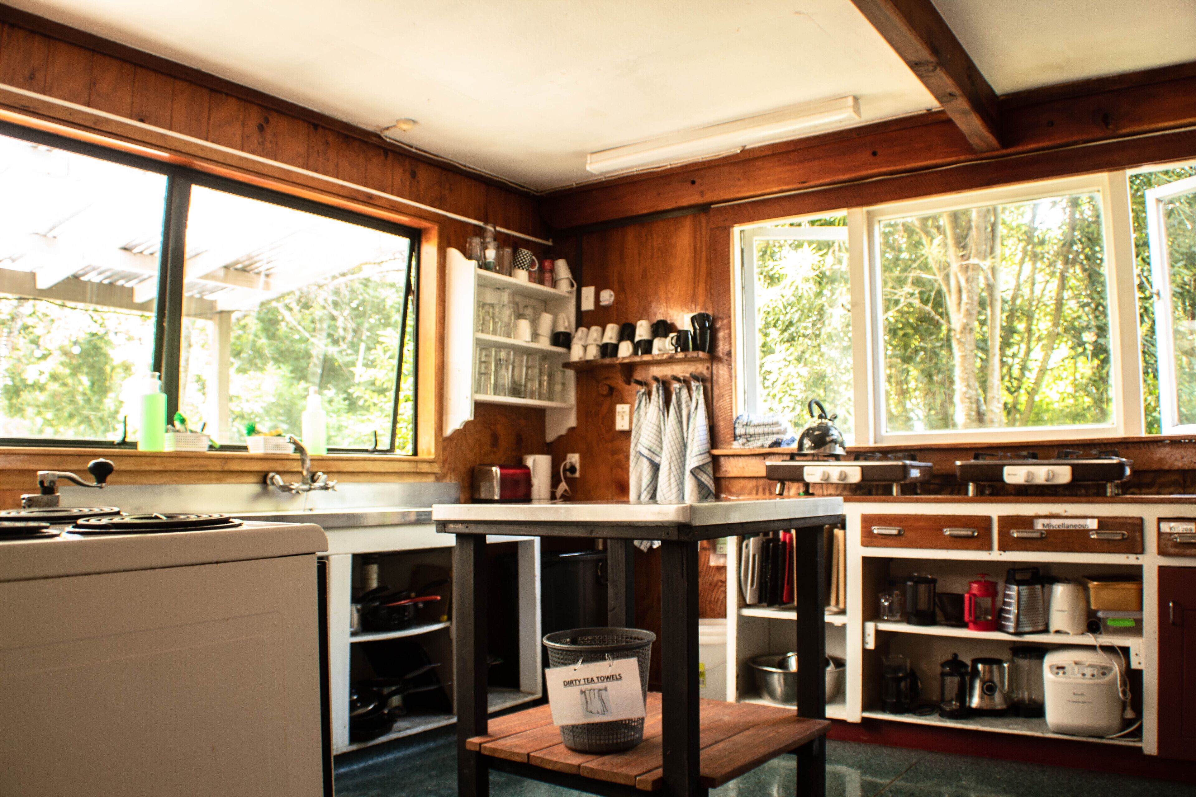 Een keuken met houten kastjes, een fornuis en een raam met uitzicht op een bos.