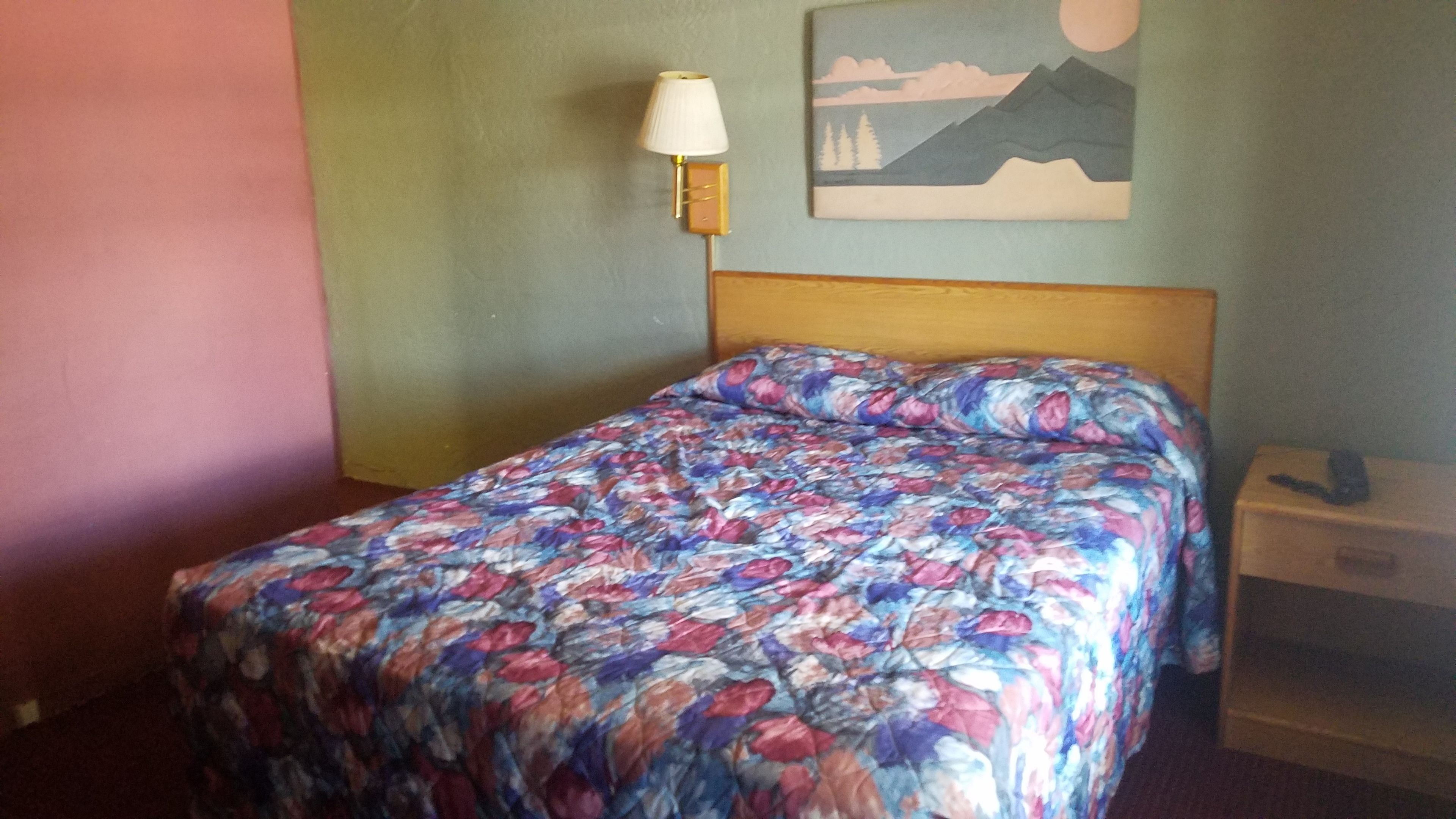 A single bed with a floral bedspread, a bedside table with a lamp, and a wall-mounted painting.