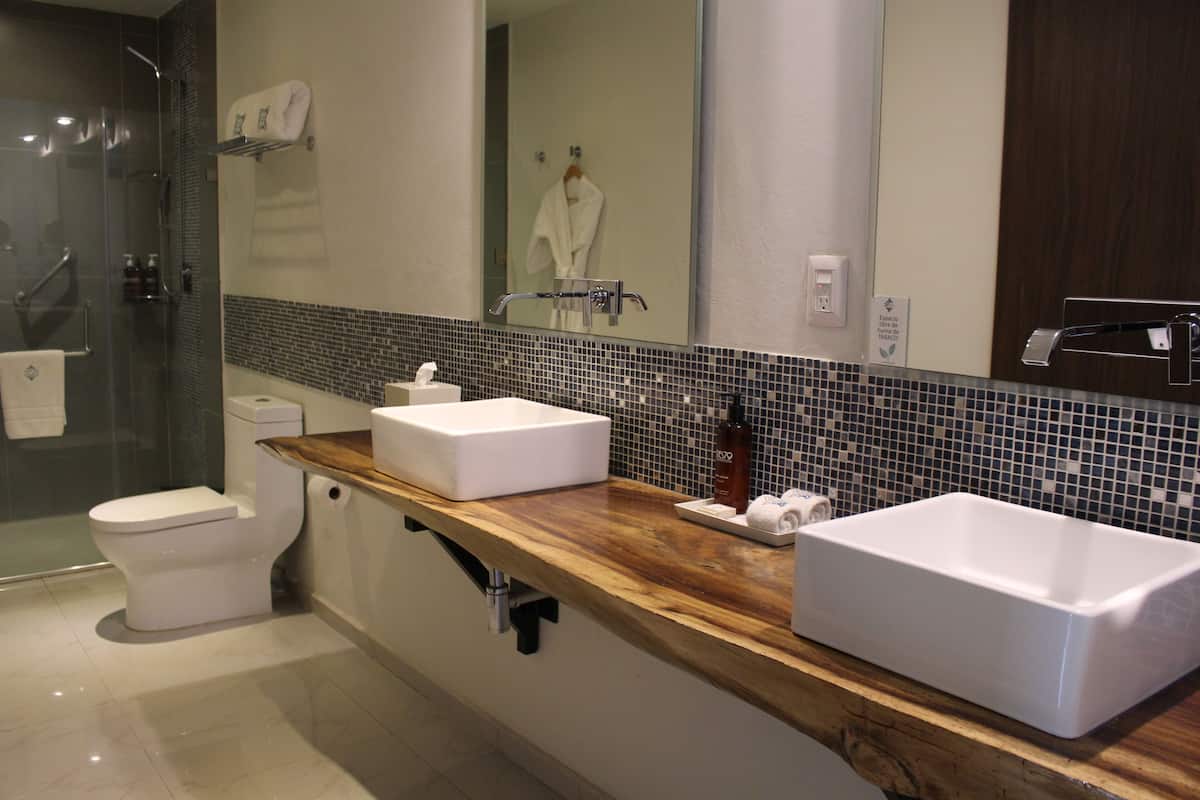 deluxe king room | bathroom | shower, free toiletries, hair dryer, bathrobes