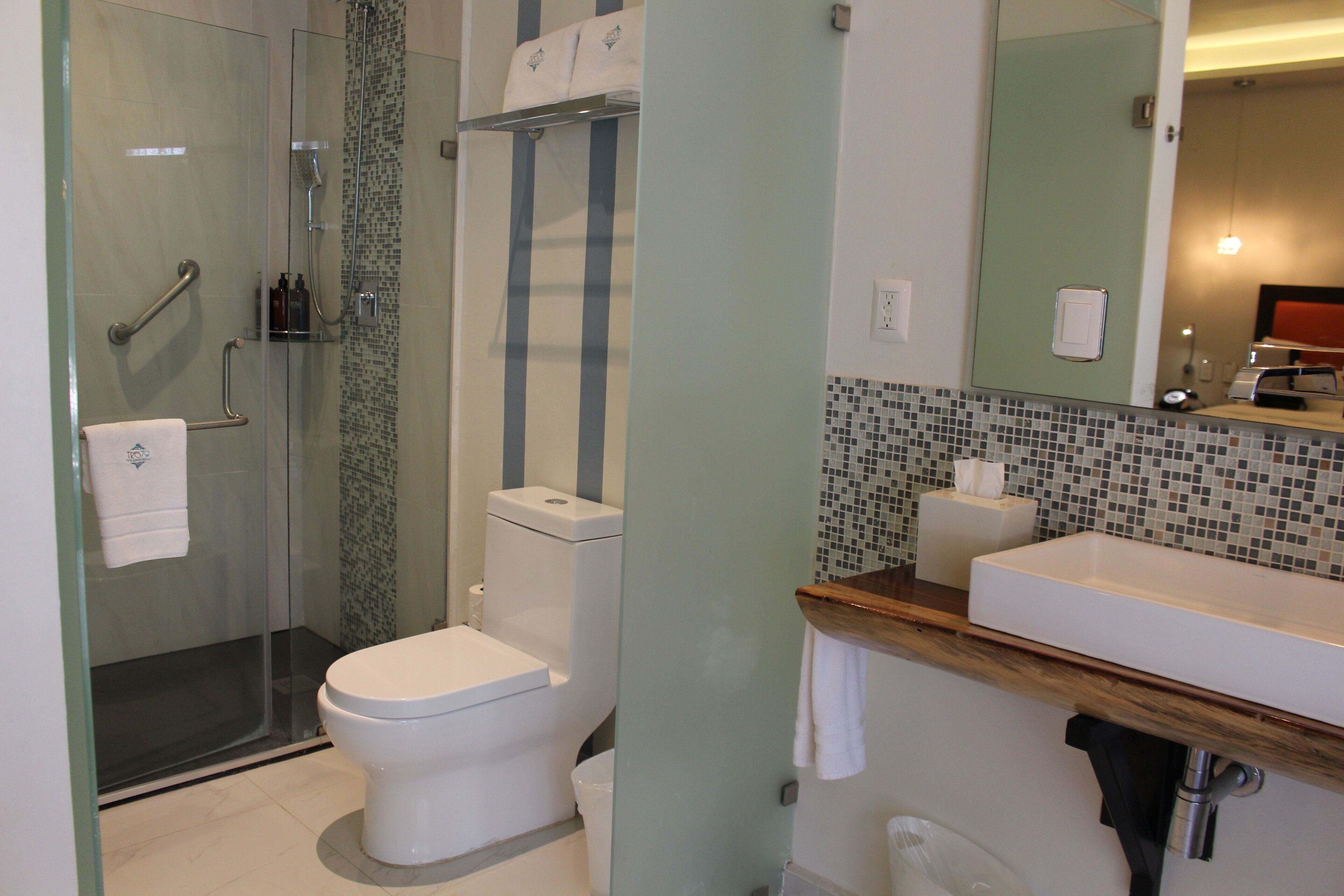 A modern bathroom with a glass-enclosed shower, a white toilet, and a wooden vanity with a sink.