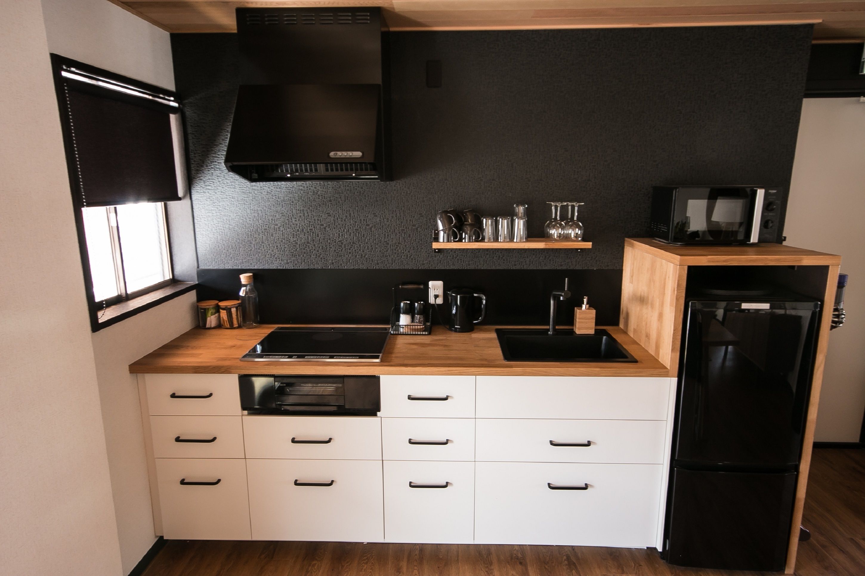 mini-fridge, electric kettle, high chair