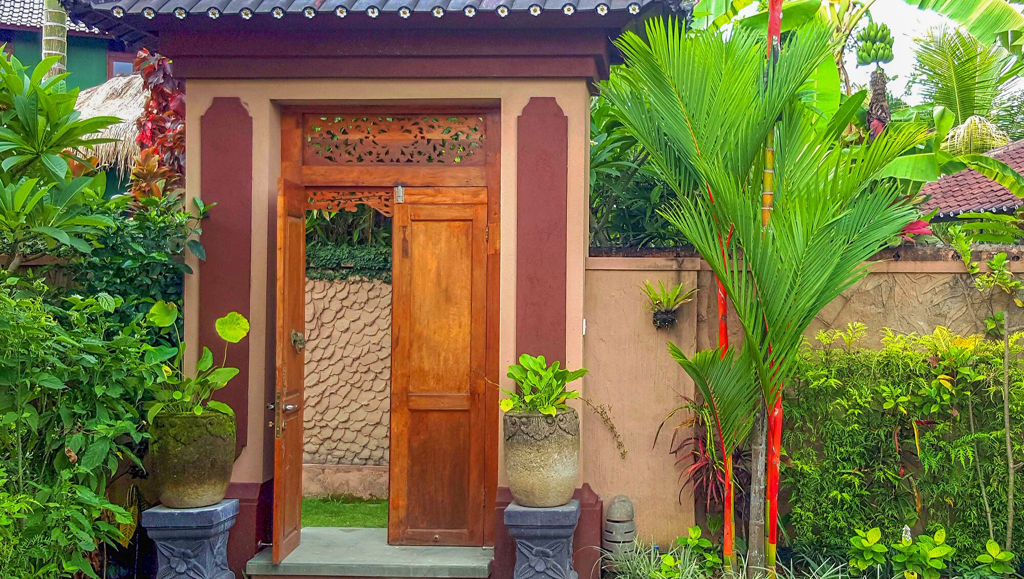 Una puerta de madera con un panel decorativo, flanqueada por plantas en macetas y una pared de piedra.