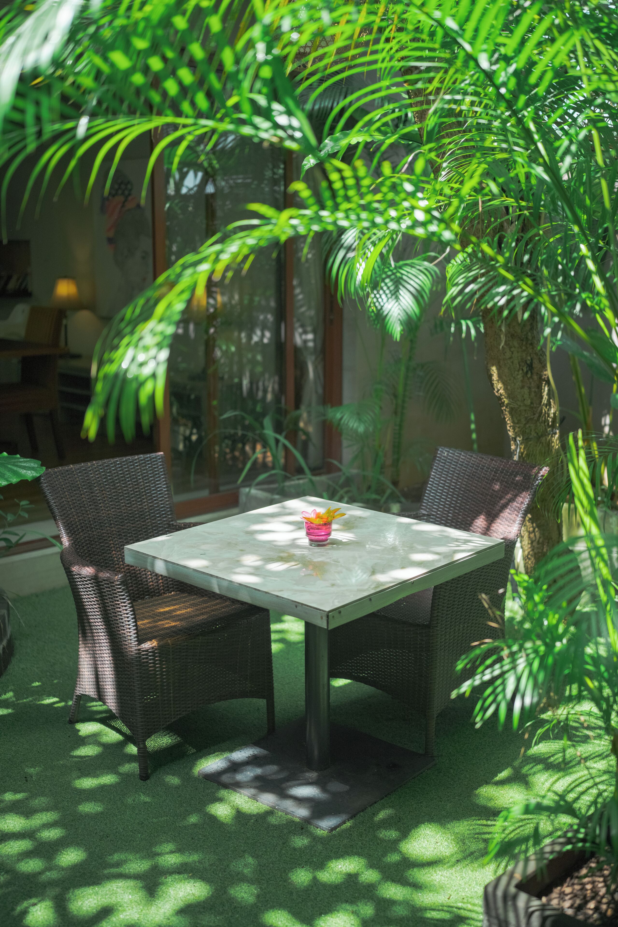 An outdoor patio with wicker furniture and a table, surrounded by lush green plants and trees.