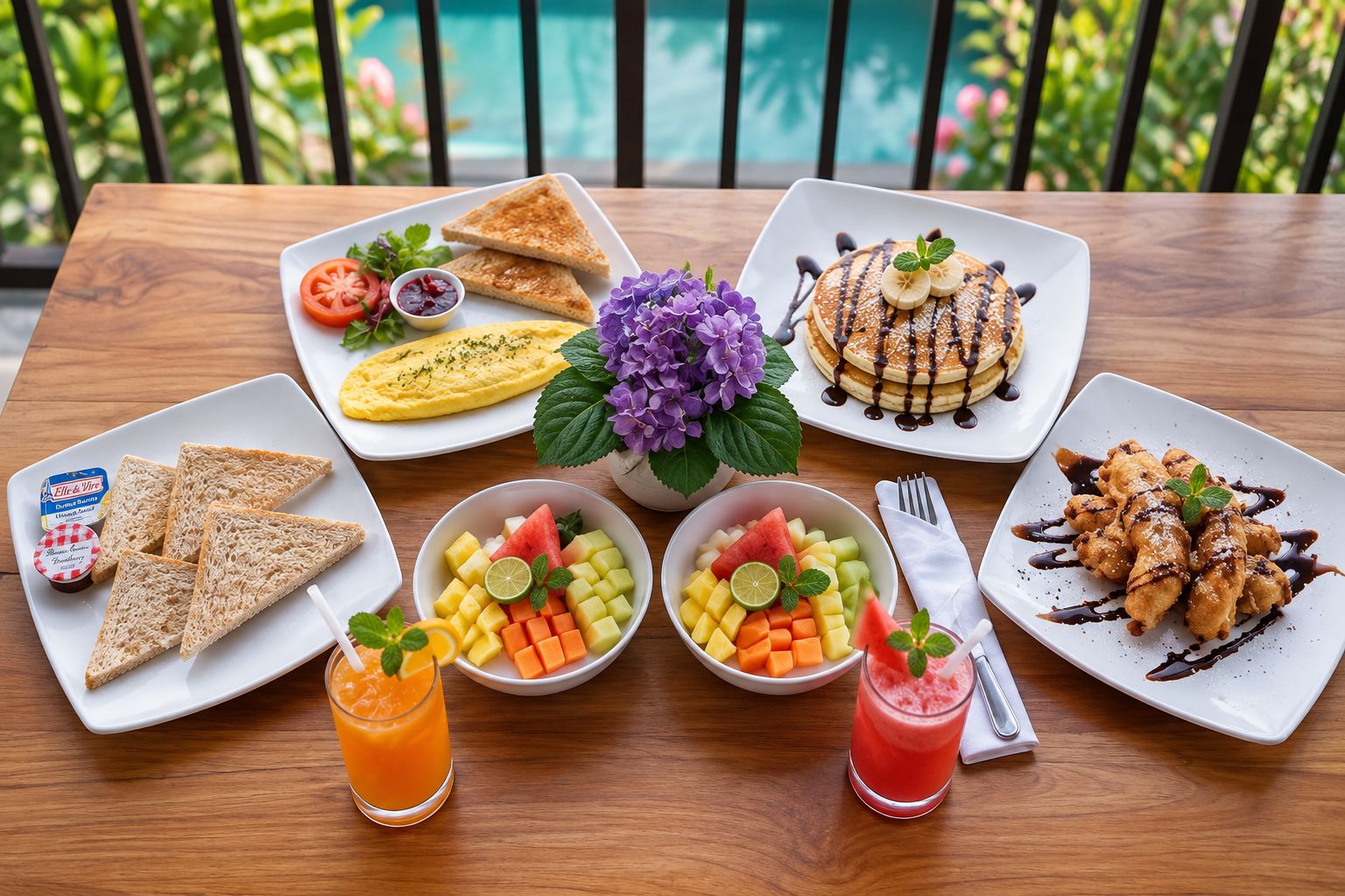Une table avec des aliments pour le petit-déjeuner, notamment des toasts, des crêpes, des fruits et une boisson.