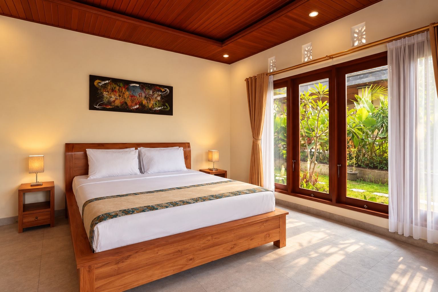 A hotel room with a large bed, wooden headboard, two bedside tables with lamps, a large window with curtains, and a painting on the wall.