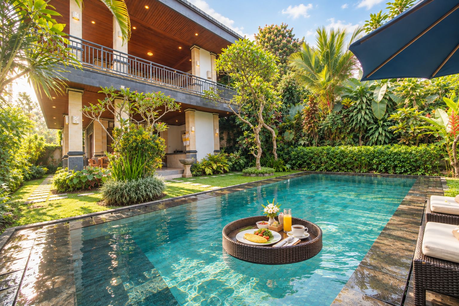 Une piscine avec un espace repas aménagé sur le bord, entourée d’une végétation luxuriante et dotée d’un espace extérieur couvert.