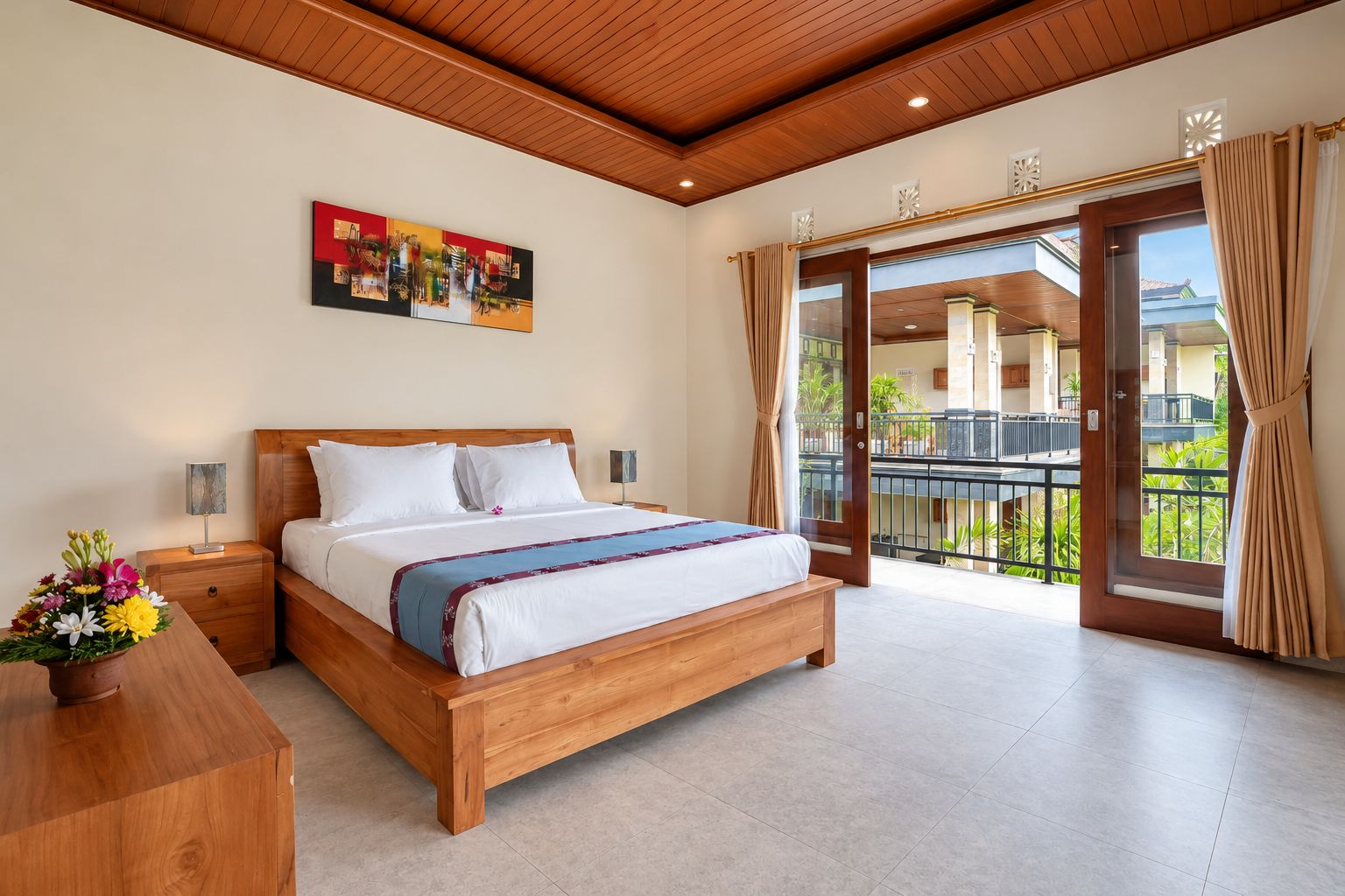 Un dormitorio con cama de madera, una mesita de noche, una mesilla con lámpara, un cuadro en la pared y un balcón con vistas.