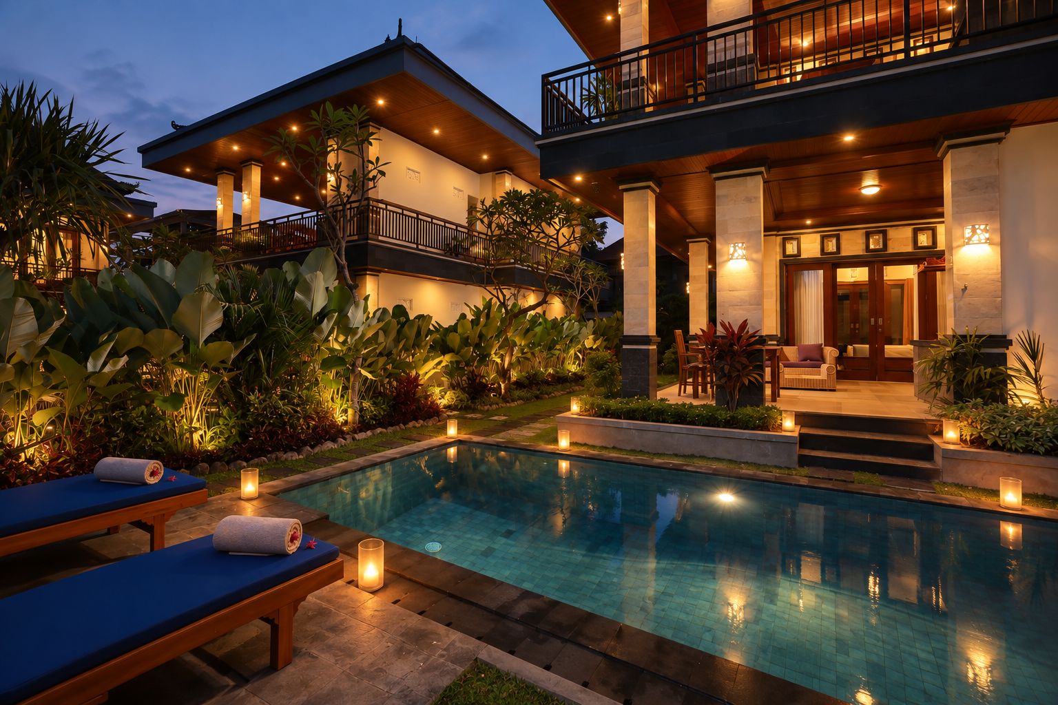 A poolside area with a lounge chair, a small table, and a bench.