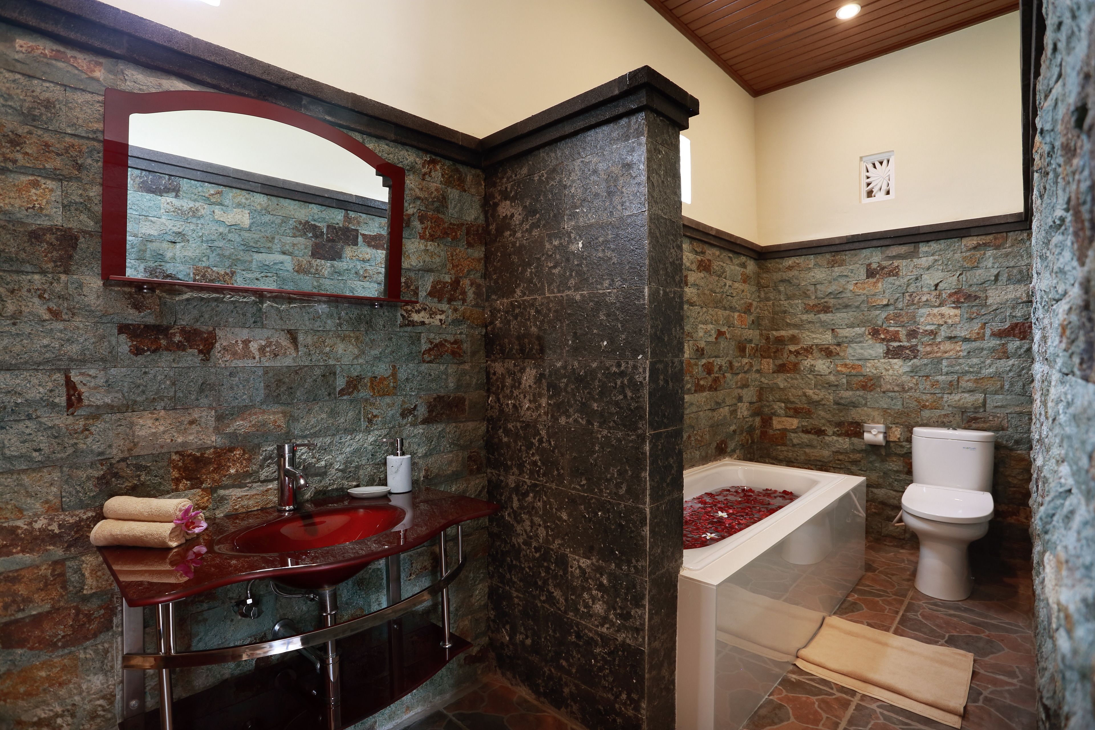 Combined shower/bathtub, free toiletries, hair dryer, slippers