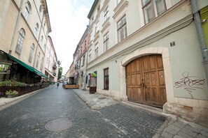 A cobblestone street lined with historic buildings, featuring a wooden door and a green awning. - ASAO Apartments Walking Center Zone (Lviv)