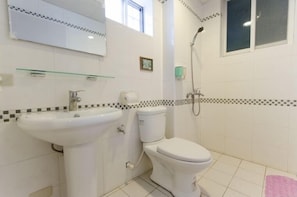 Shower, free toiletries, hair dryer, slippers