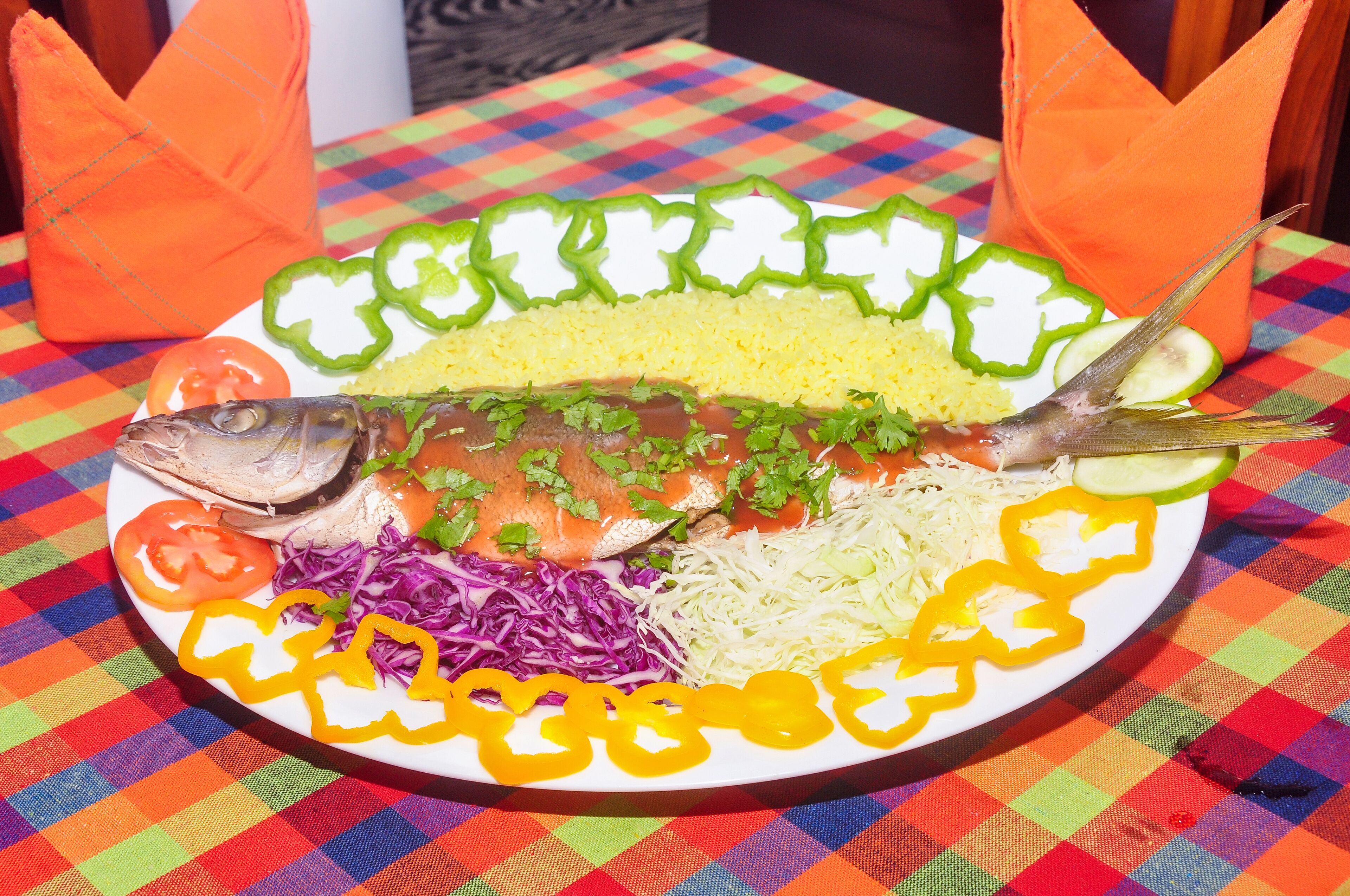 A colorful tablecloth with a checkered pattern.
