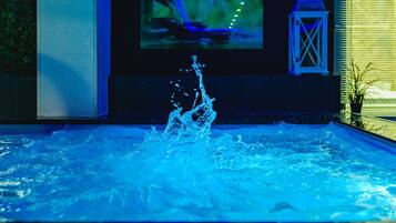 Indoor pool, outdoor pool, pool umbrellas