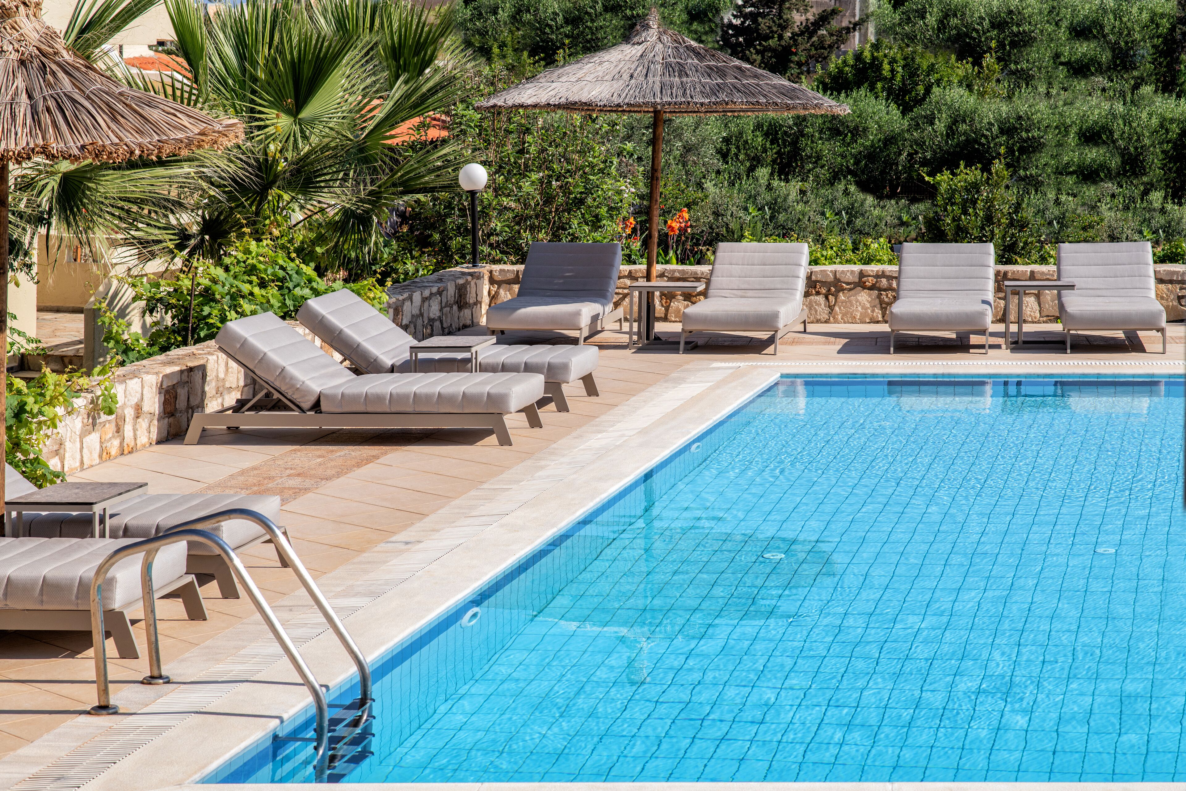 Seasonal outdoor pool, sun loungers