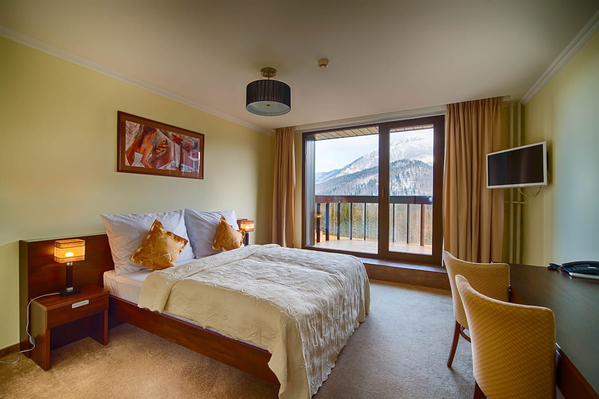 A hotel room with a large bed, a nightstand, a desk with a chair, a TV, and a window with a mountain view.