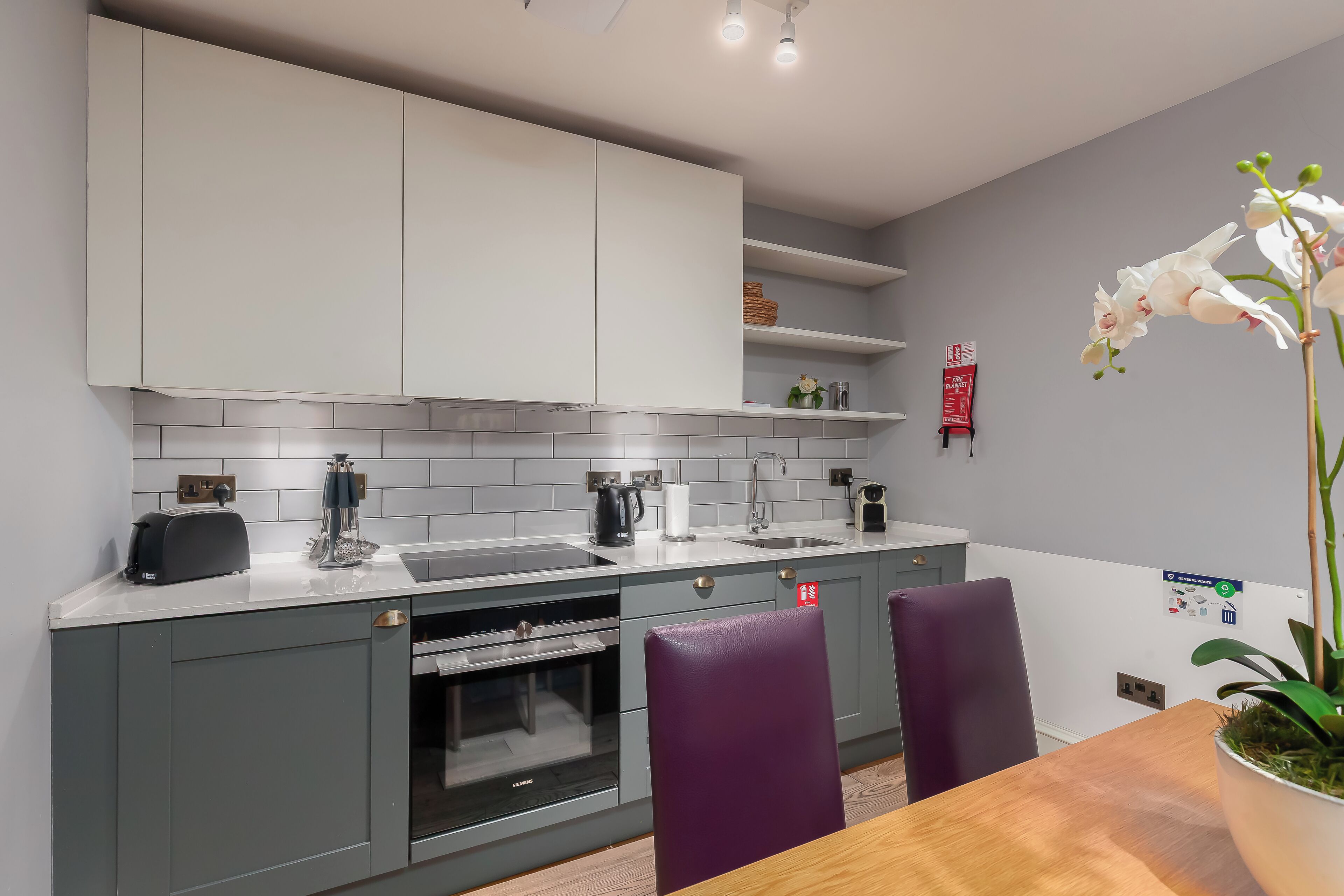 Una cocina moderna con gabinetes grises, un lavamanos de acero inoxidable y un tostador. Hay una orquídea en maceta sobre la encimera.