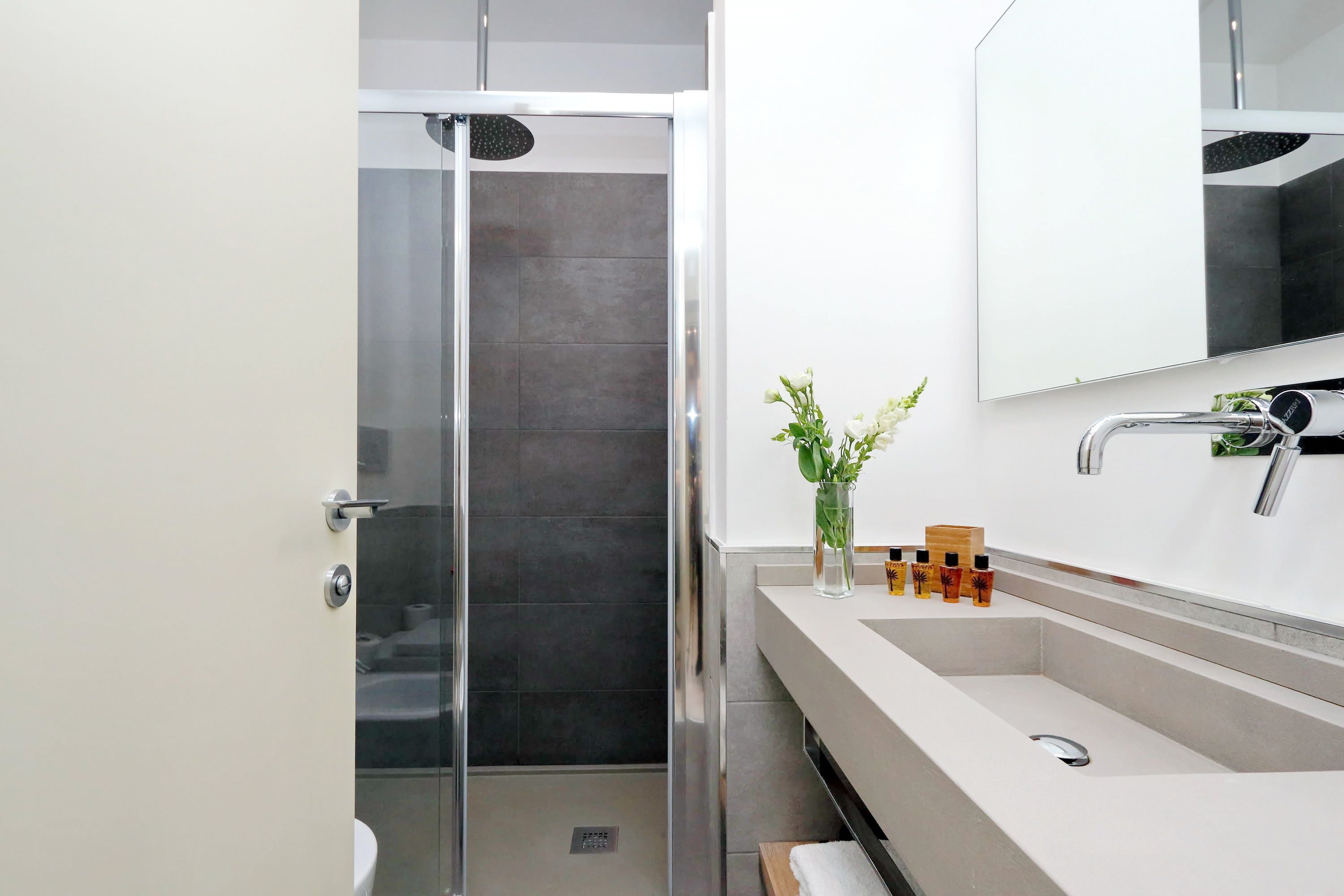 Un baño moderno con cabina de ducha de vidrio, un lavabo blanco con espejo encima y una planta pequeña en la encimera.