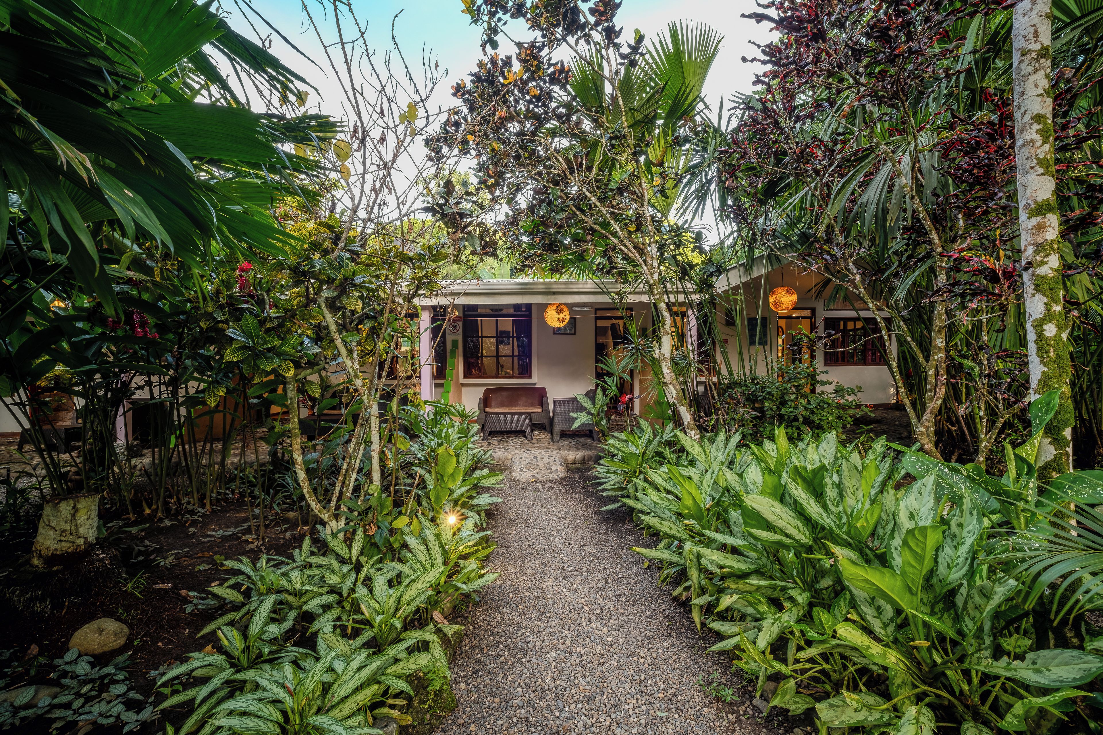 A pathway leading to a building with a traditional design, surrounded by lush greenery and tropical plants.