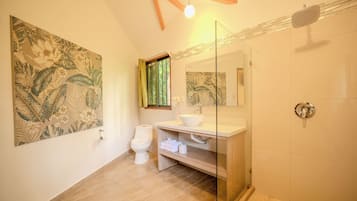 Une salle de bain comprenant des toilettes, un lavabo avec un miroir et un espace douche.