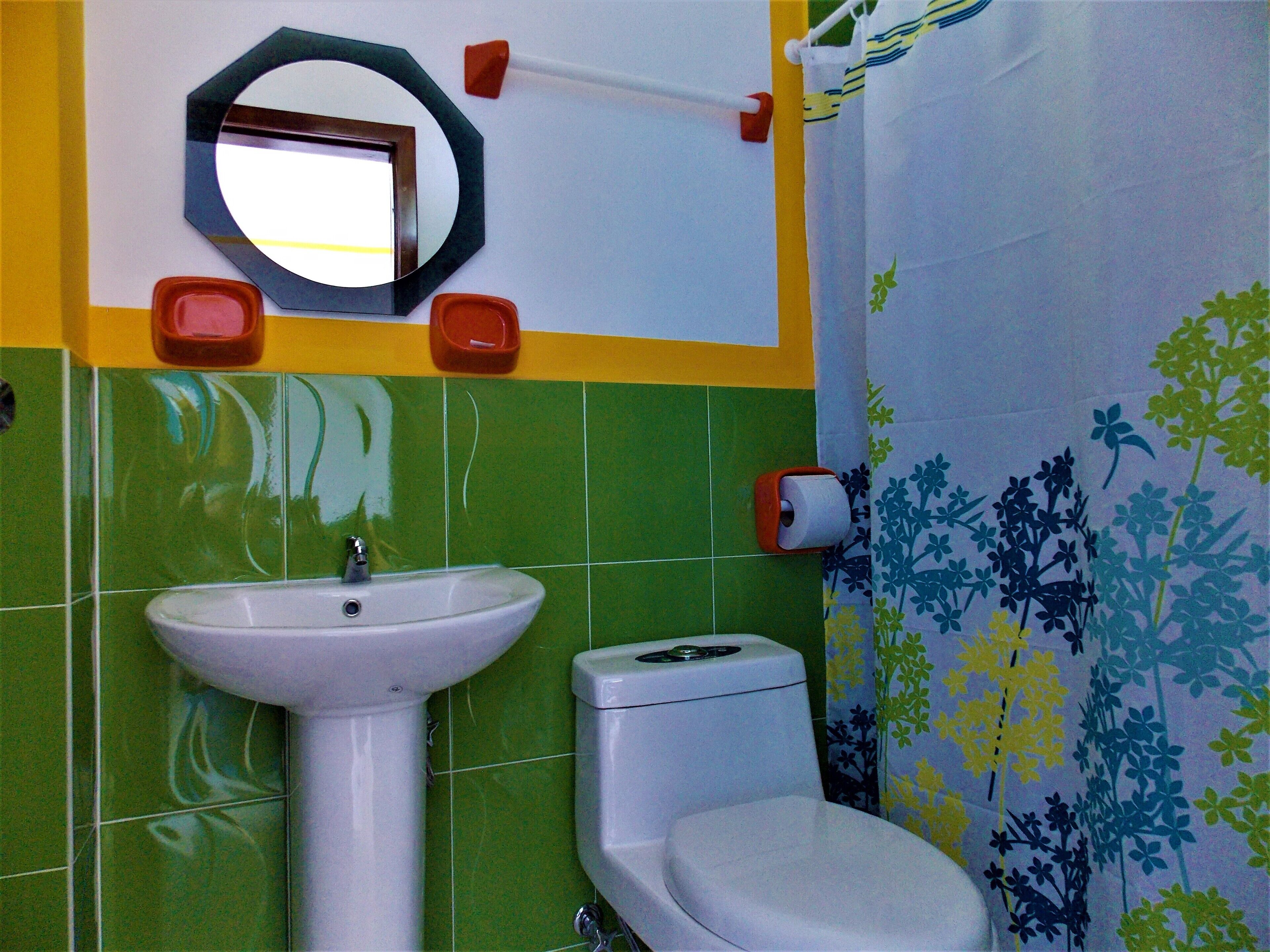 A bathroom with a sink, toilet, mirror, and a shower curtain with floral patterns.