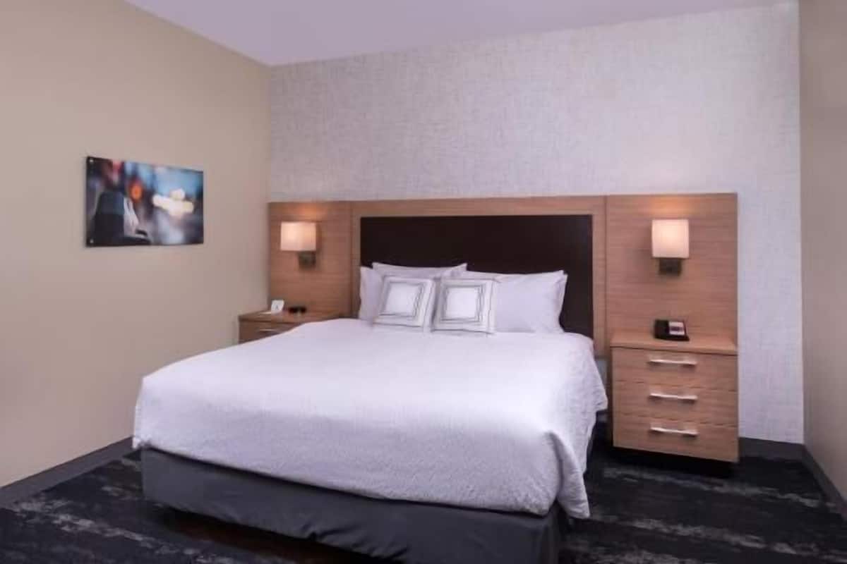 Desk, laptop workspace, blackout curtains, iron/ironing board