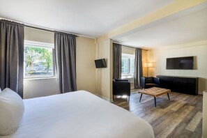Habitación de hotel con una cama grande, un sofá, un televisor y una ventana con cortinas.